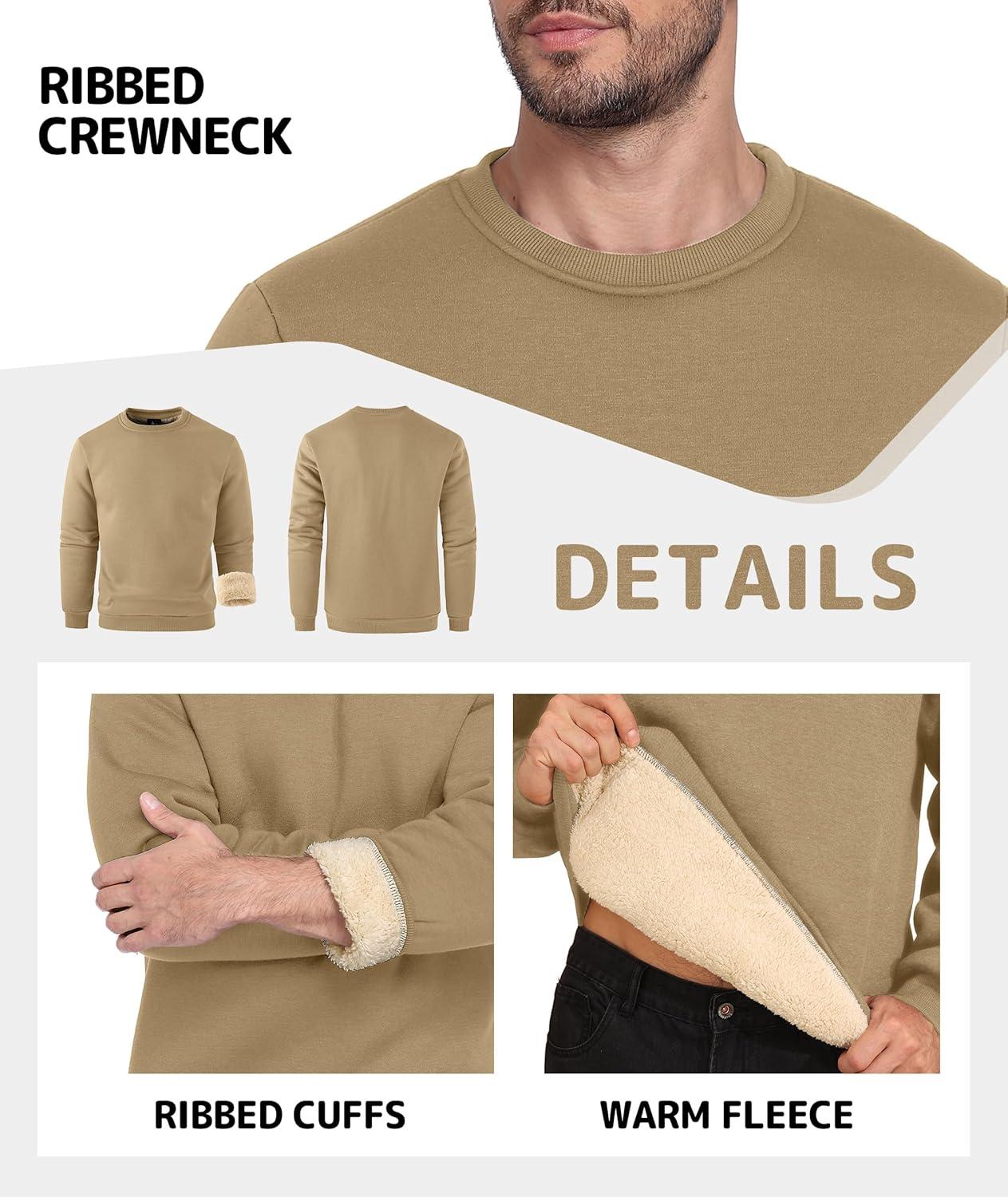 imageZITY Mens Warm Winter Heavy Sweatshirt Fleece Pullover Crewneck Thick Sherpa Lined Thermal Sweatshirts Sherpa SweaterLight Khaki