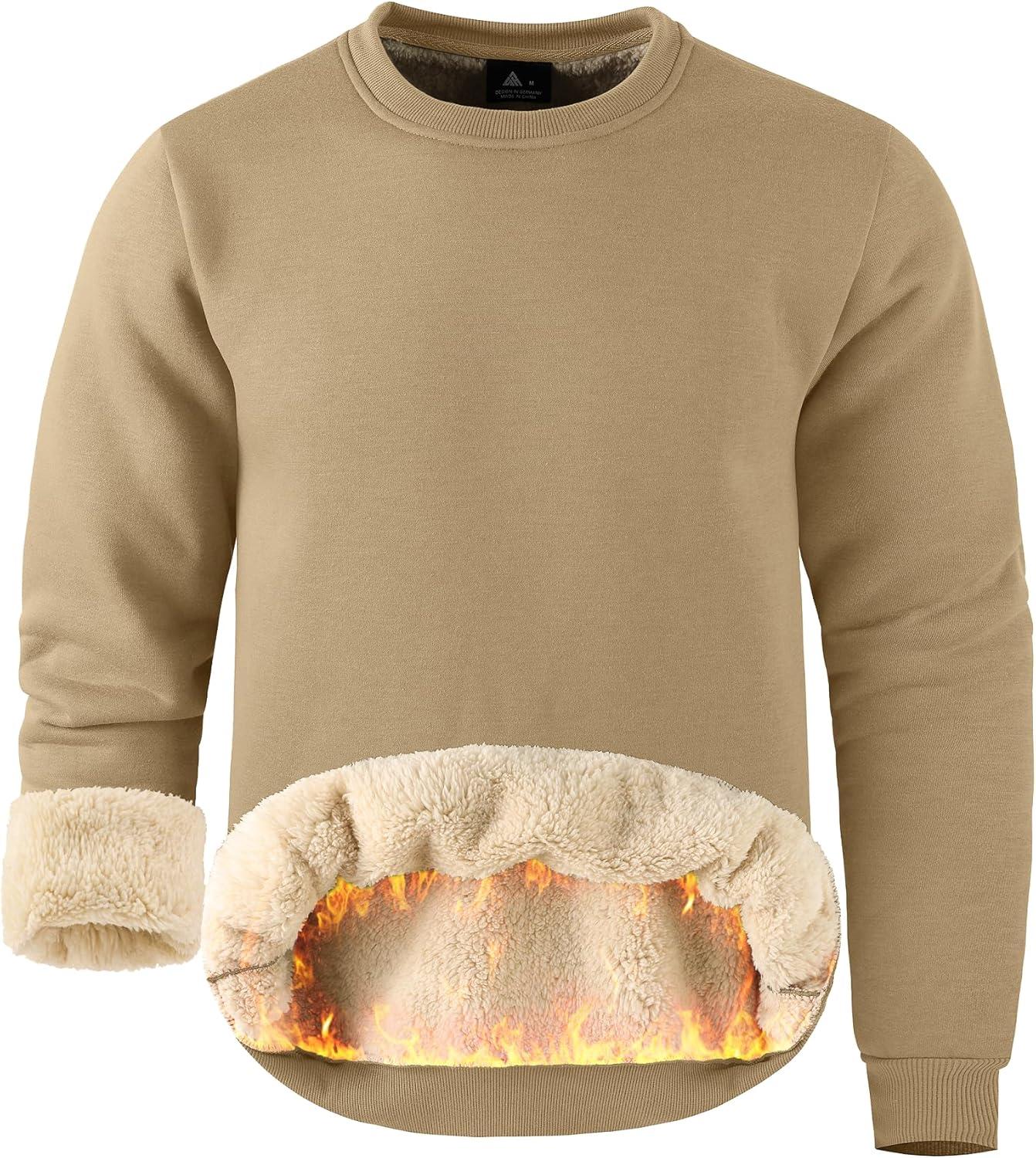 imageZITY Mens Warm Winter Heavy Sweatshirt Fleece Pullover Crewneck Thick Sherpa Lined Thermal Sweatshirts Sherpa SweaterLight Khaki