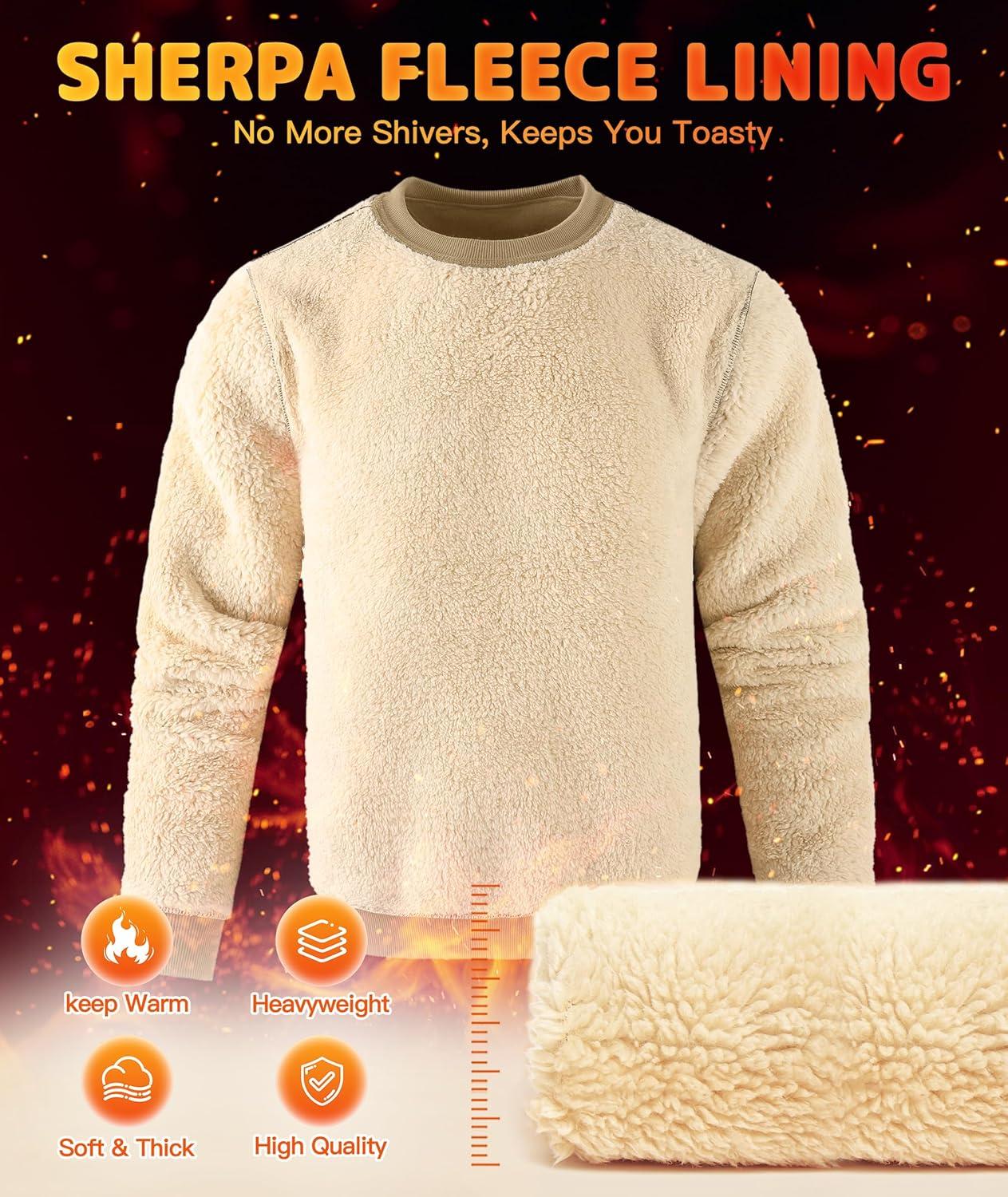 imageZITY Mens Warm Winter Heavy Sweatshirt Fleece Pullover Crewneck Thick Sherpa Lined Thermal Sweatshirts Sherpa SweaterLight Khaki