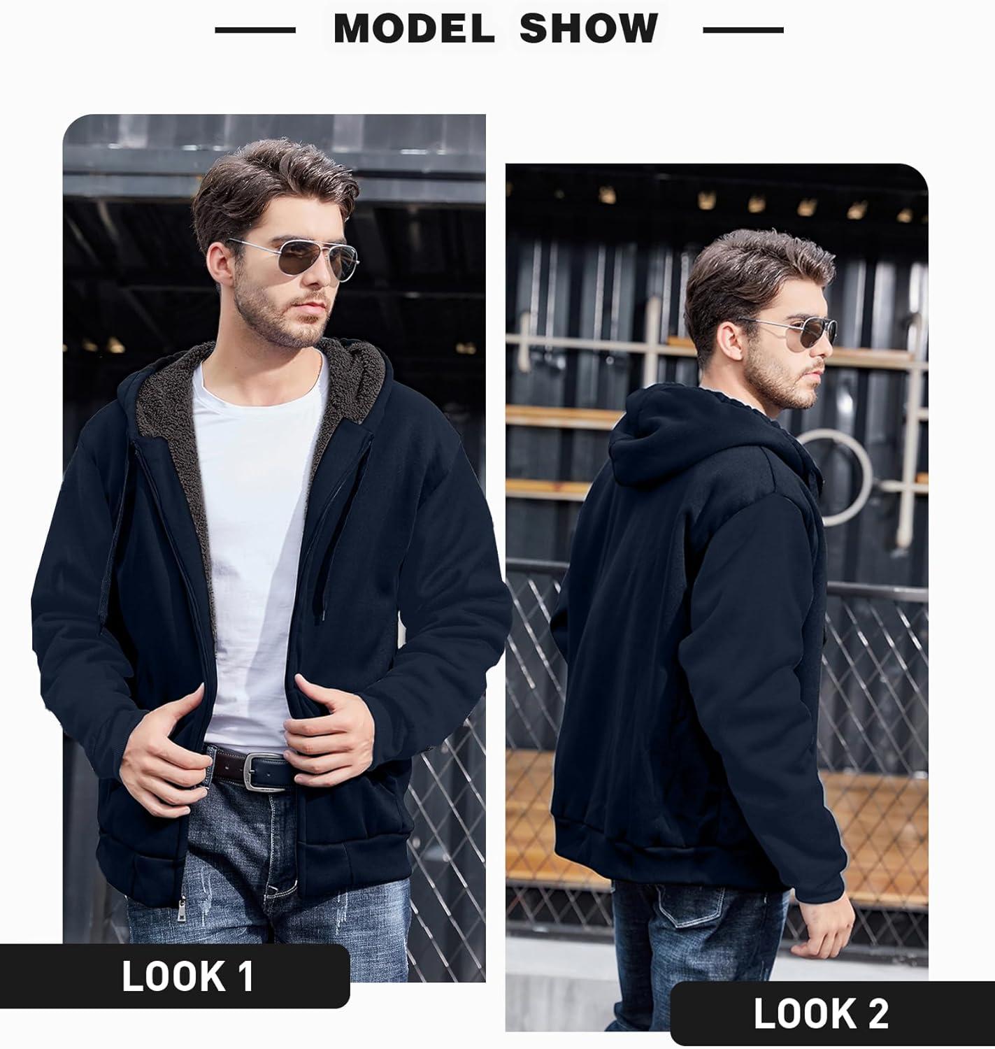 imageZITY Mens Zip Up Hoodie Heavyweight Winter Sweatshirt Fleece Sherpa Lined Warm JacketJet Navy Blue