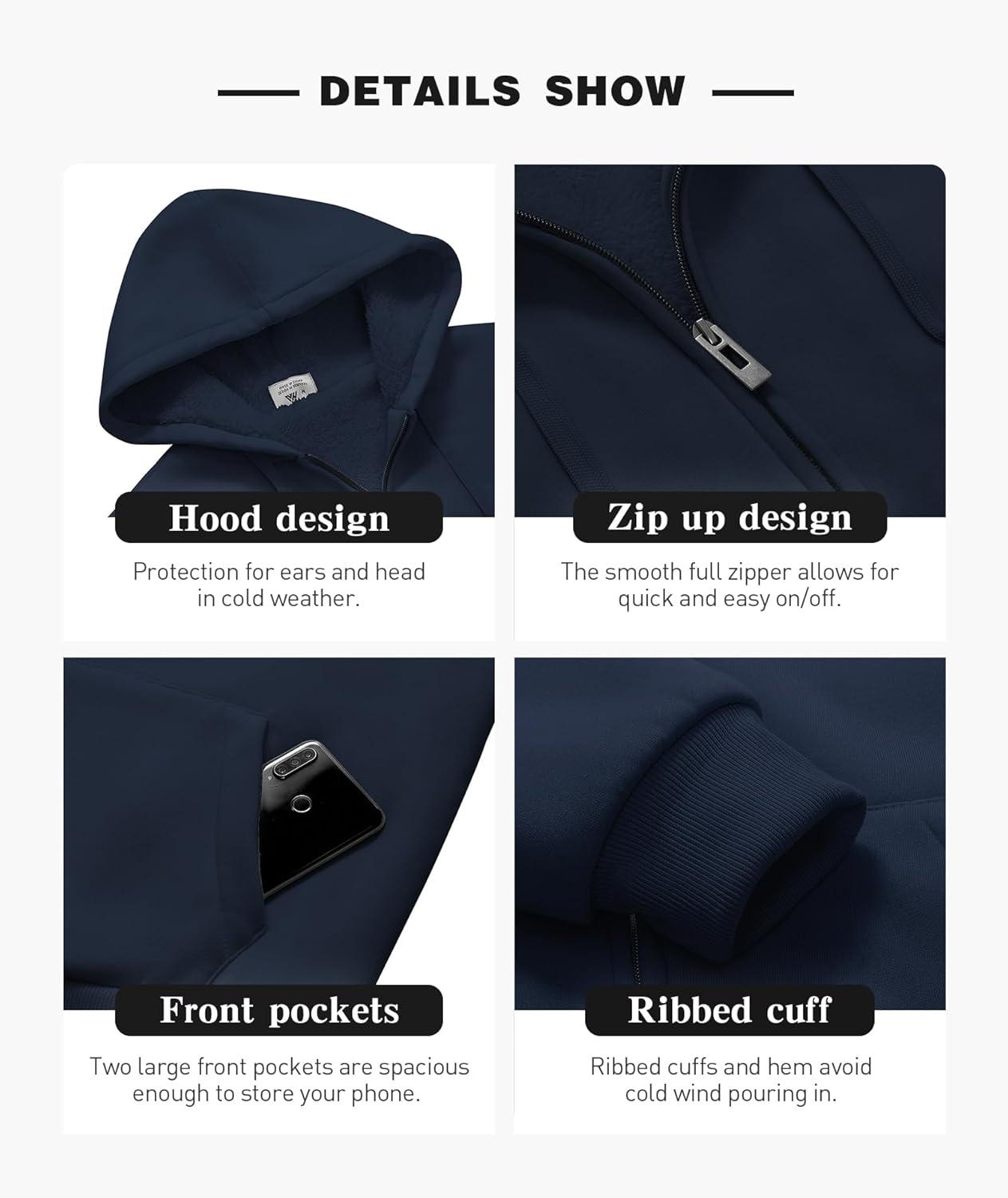 imageZITY Mens Zip Up Hoodie Heavyweight Winter Sweatshirt Fleece Sherpa Lined Warm JacketJet Navy Blue