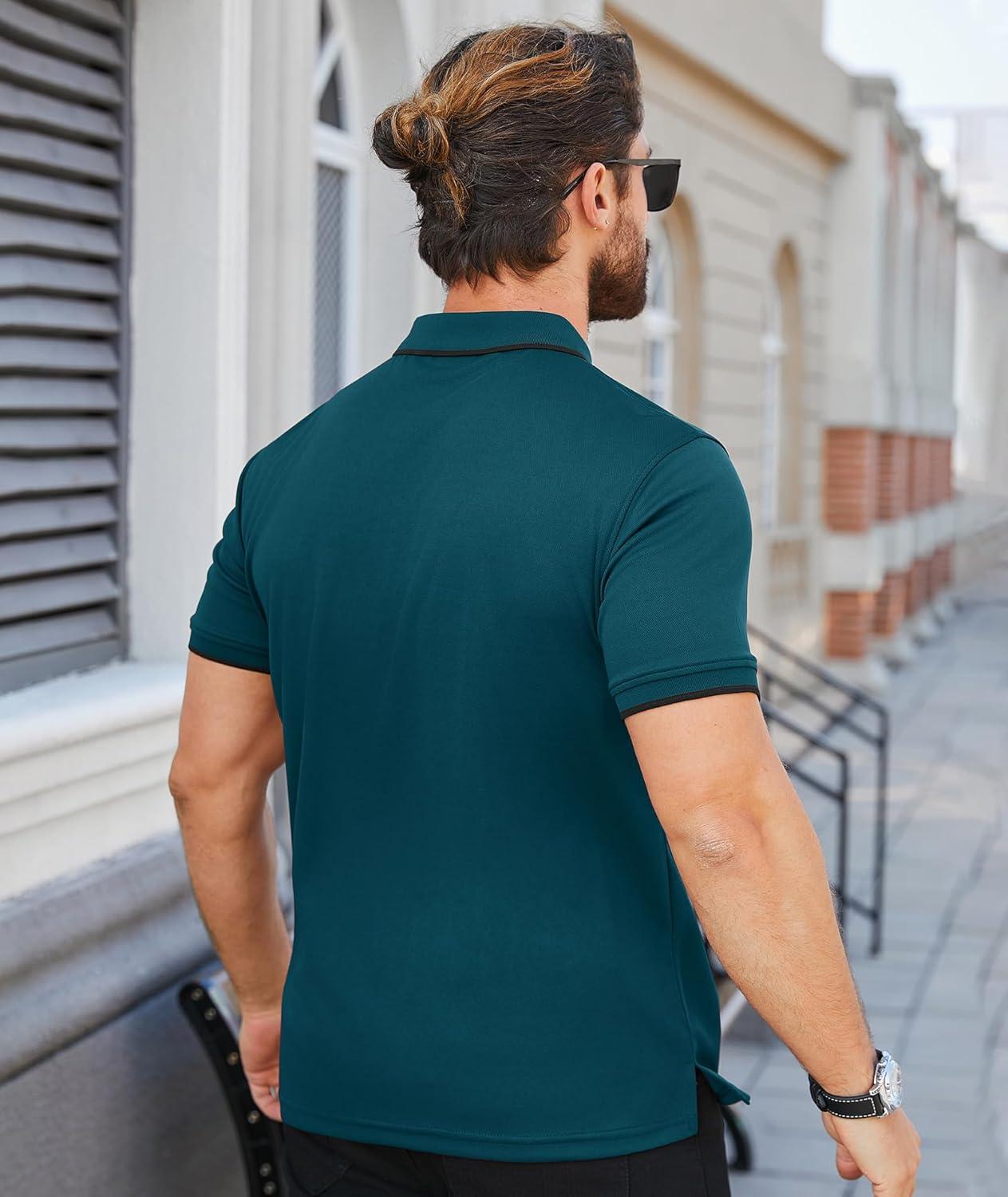 imageZITY Polo Shirts for Men Quarter Zip Casual Shirts Short Sleeve Moisture Wicking Golf Polo Collared ShirtsDark Teal Blue
