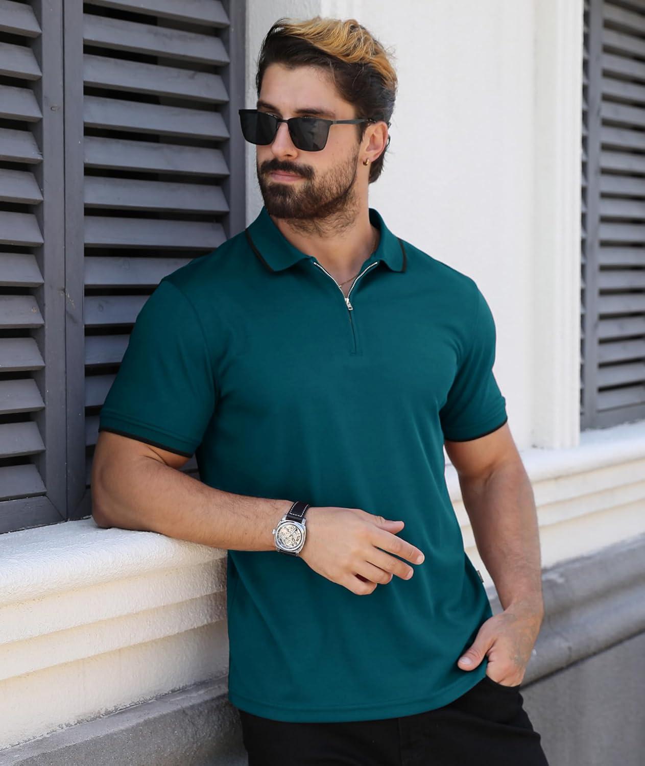 imageZITY Polo Shirts for Men Quarter Zip Casual Shirts Short Sleeve Moisture Wicking Golf Polo Collared ShirtsDark Teal Blue