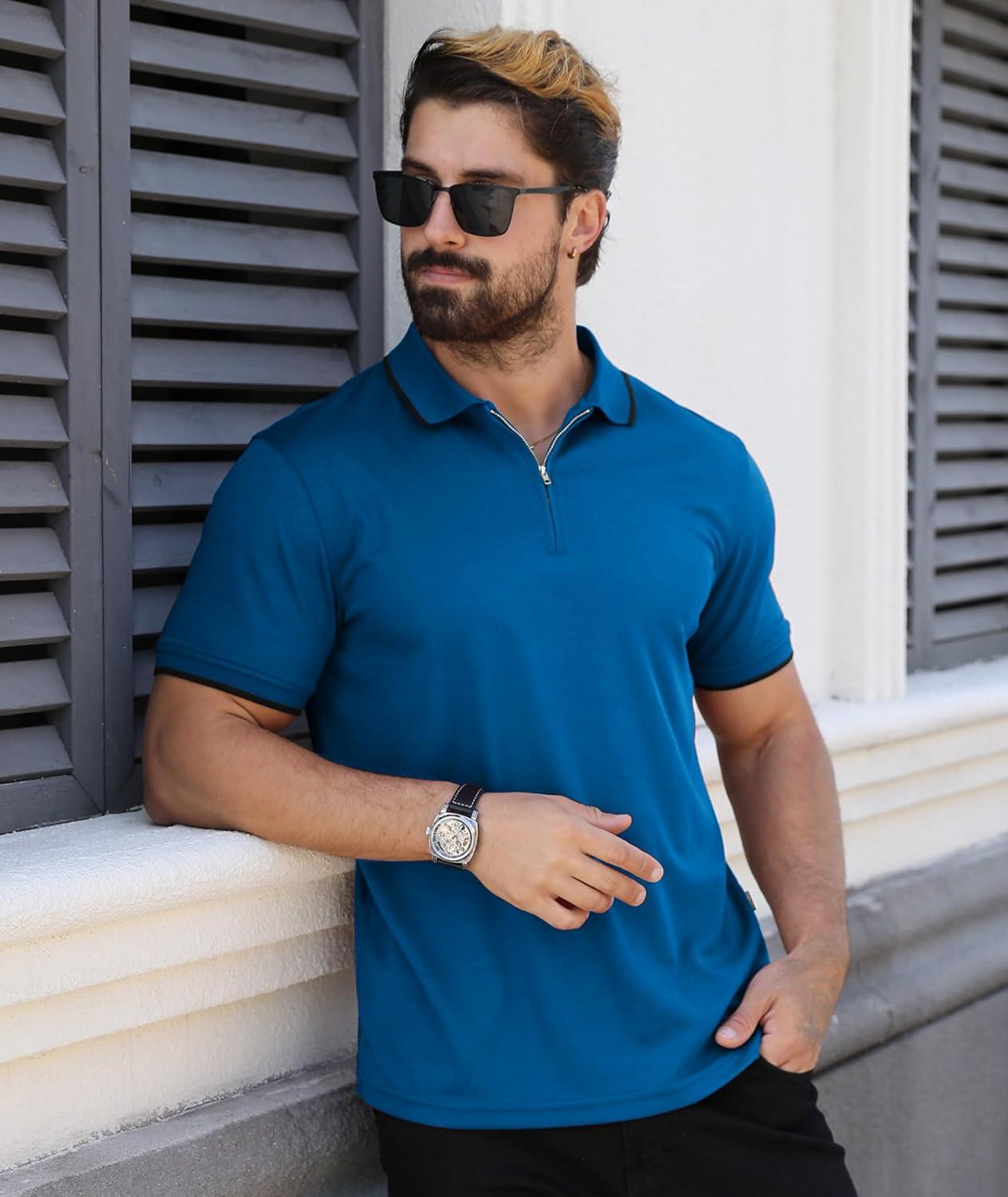 imageZITY Polo Shirts for Men Quarter Zip Casual Shirts Short Sleeve Moisture Wicking Golf Polo Collared ShirtsRoyal Blue