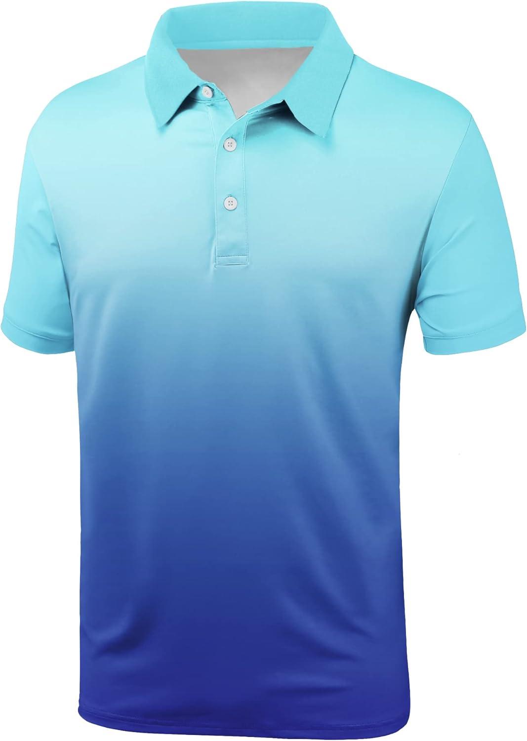 imageZITY Polo Shirts for Men Short Sleeve Button Down Collar Gradient Shirts MoistureWicking Athletic Mens Golf Polo ShirtSky