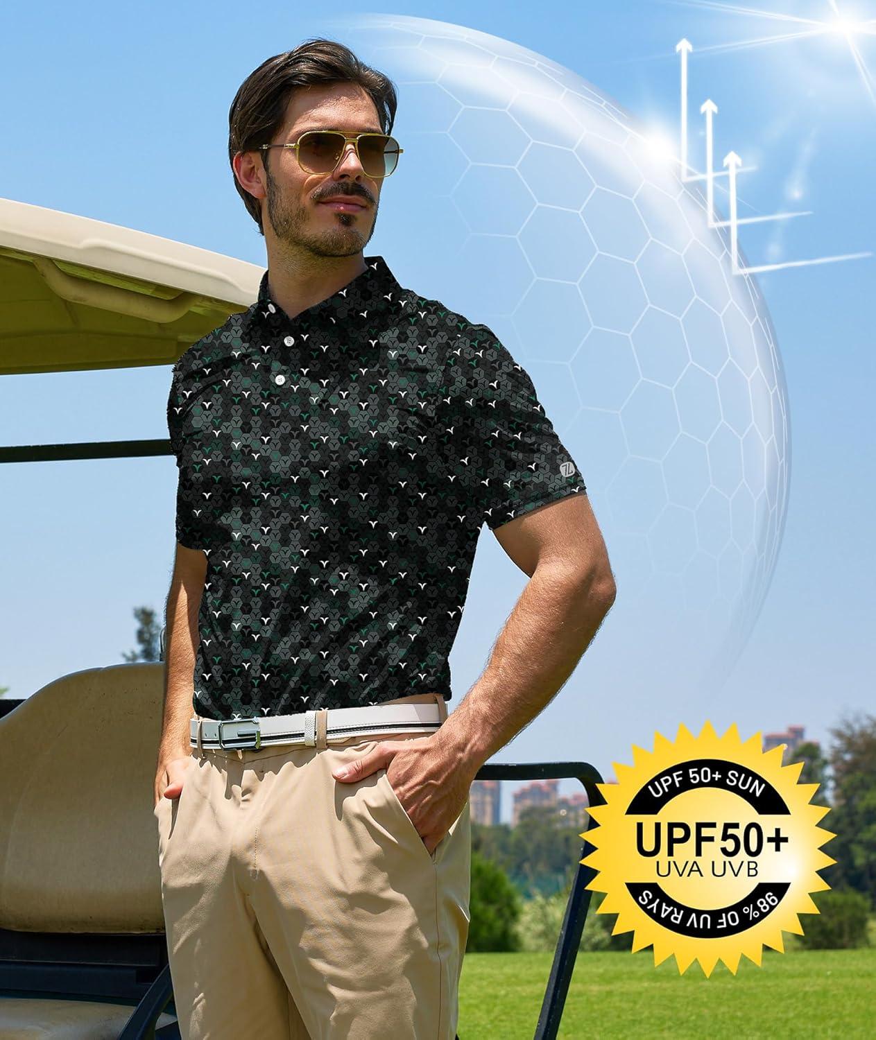 imageZITY Select Mens Golf Polo Shirts 50 UPF Short Sleeve QuickDry Performance Print Golf ShirtDark Green Pentagon