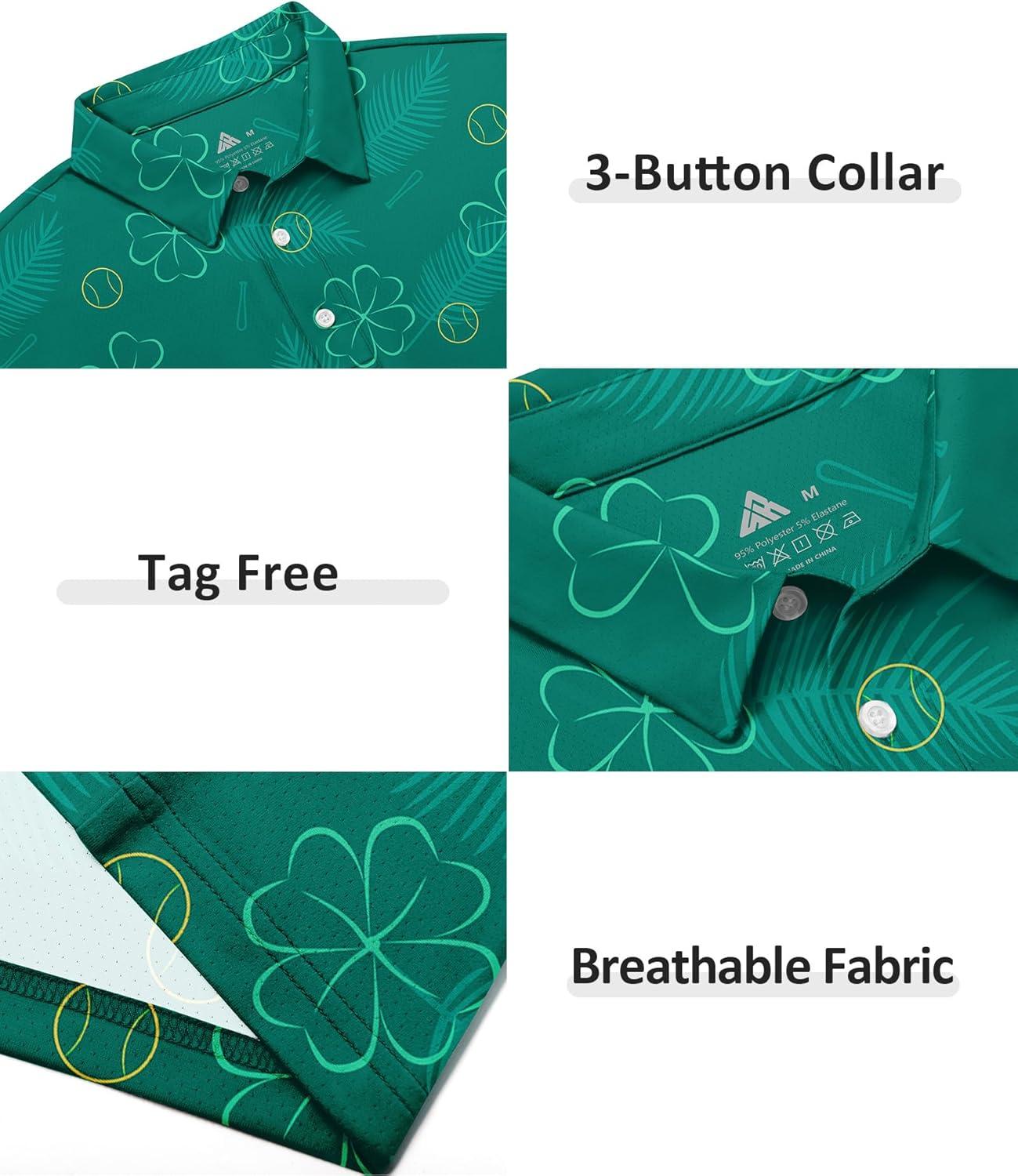imageZITY Select Mens Golf Polo Shirts 50 UPF Short Sleeve QuickDry Performance Print Golf ShirtFour Leaf Clover Golf
