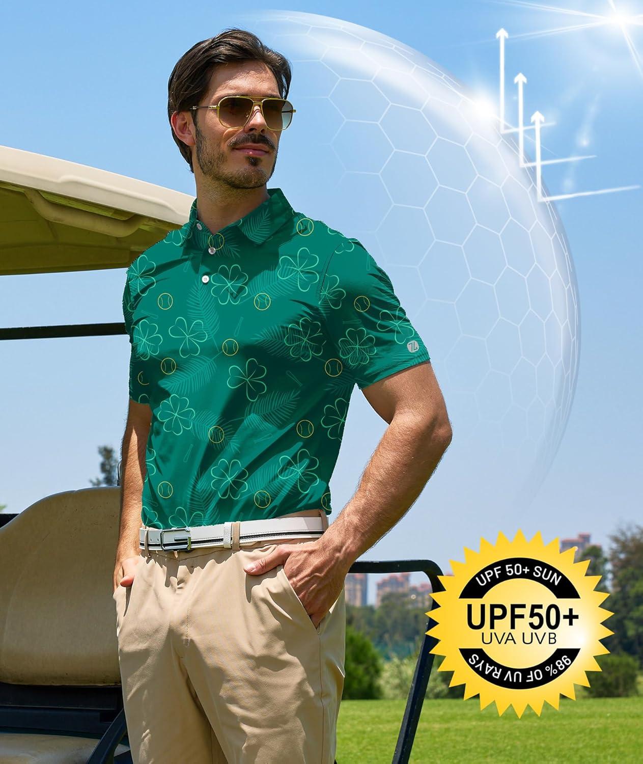 imageZITY Select Mens Golf Polo Shirts 50 UPF Short Sleeve QuickDry Performance Print Golf ShirtFour Leaf Clover Golf