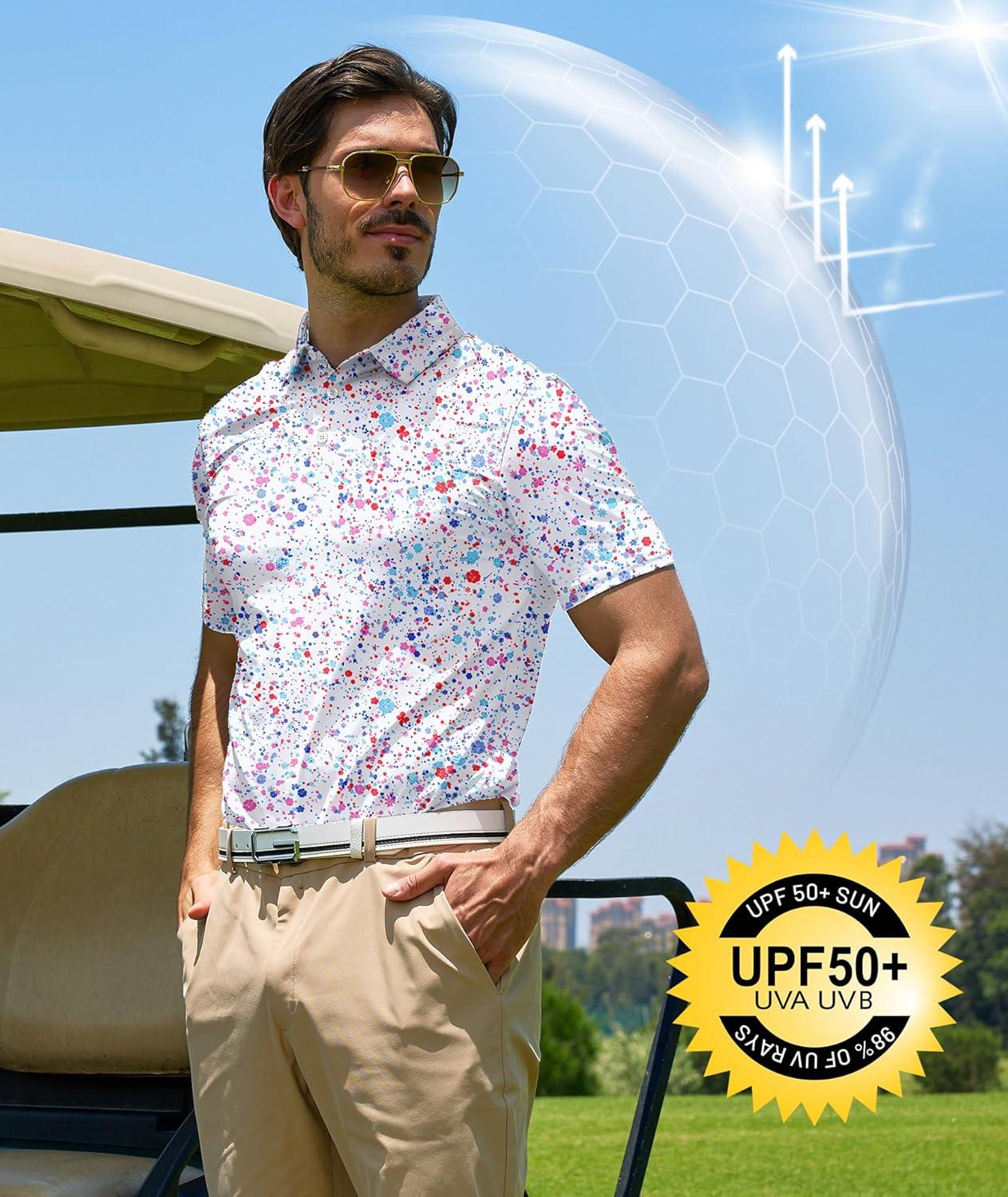 imageZITY Select Mens Golf Polo Shirts 50 UPF Short Sleeve QuickDry Performance Print Golf ShirtPink Blue Dot