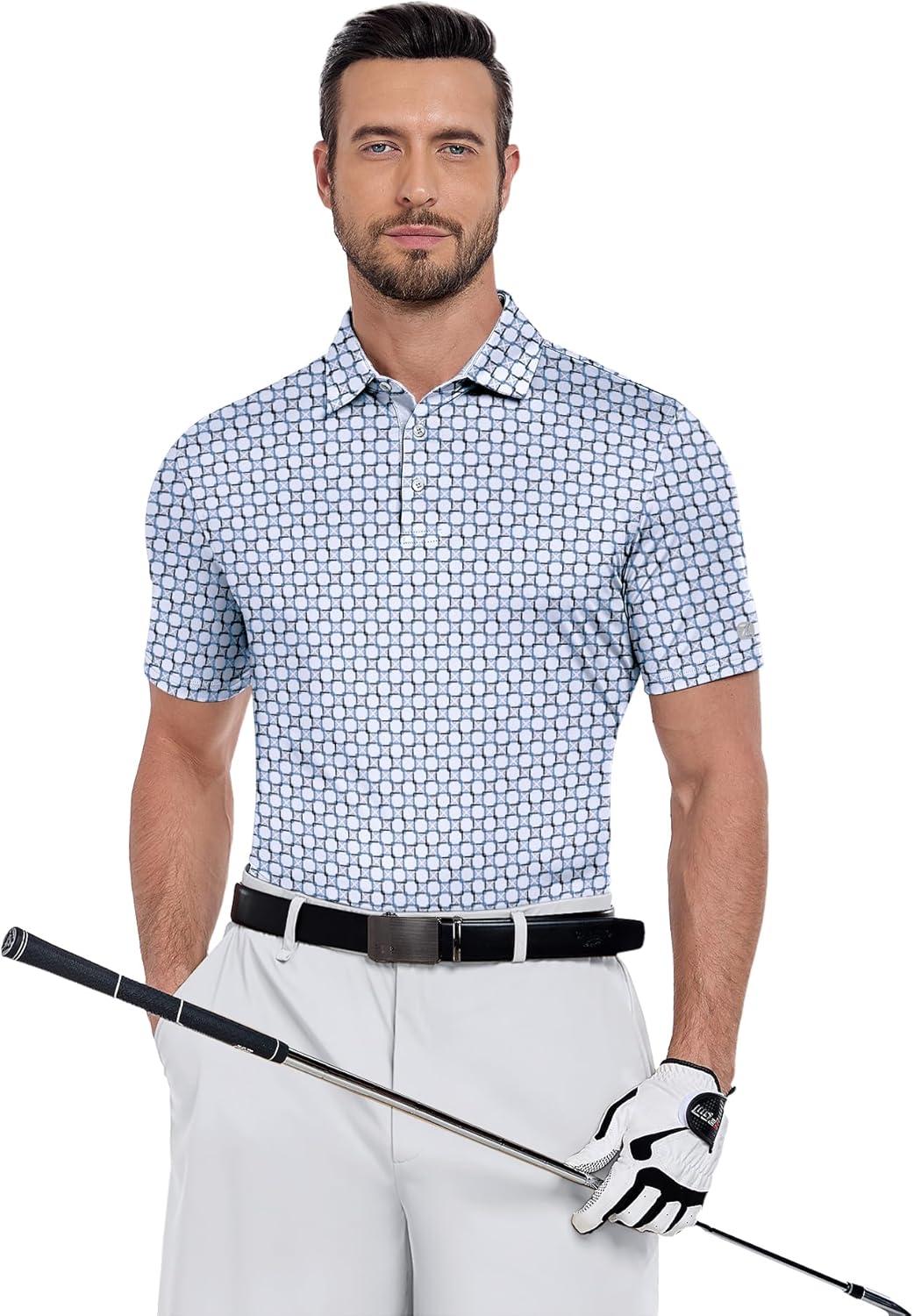 imageZITY Select Mens Golf Shirts Short Sleeve Print Performance Polo Moisture Wicking Casual Collared Golf Shirts for MenBlue Gray Geometric