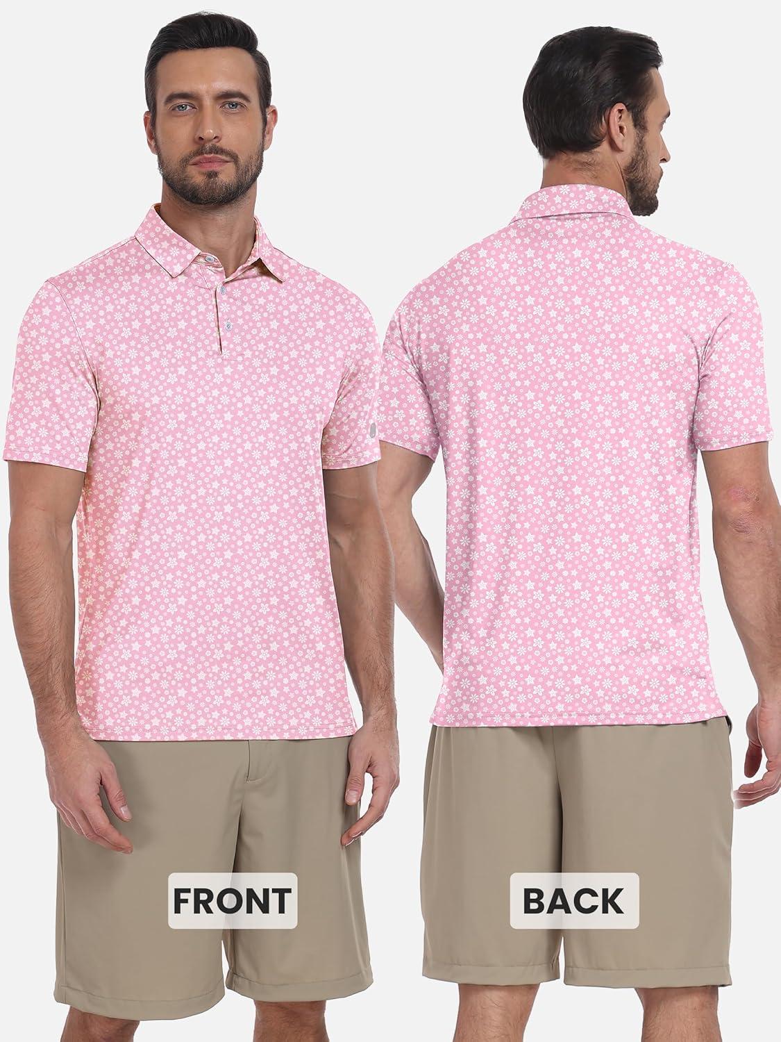 imageZITY Select Mens Golf Shirts Short Sleeve Print Performance Polo Moisture Wicking Casual Collared Golf Shirts for MenPink Flower