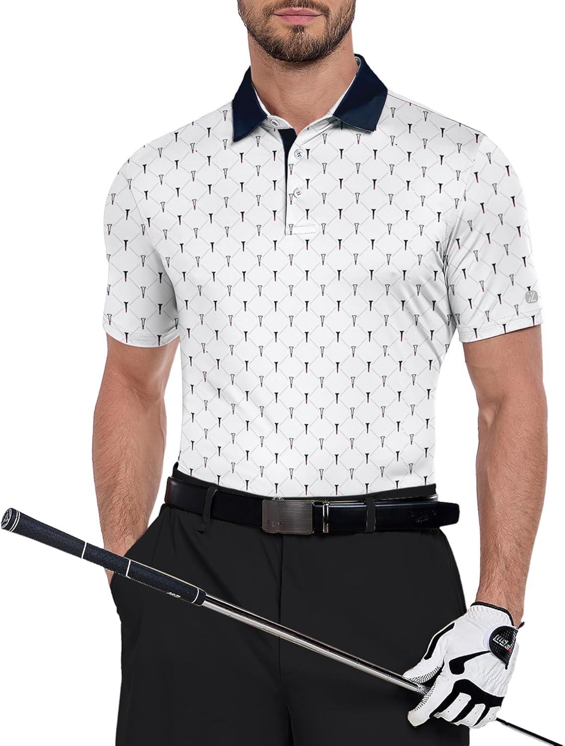 imageZITY Select Mens Golf Shirts Short Sleeve Print Performance Polo Moisture Wicking Casual Collared Golf Shirts for MenWhite Contrast Golf Spikes