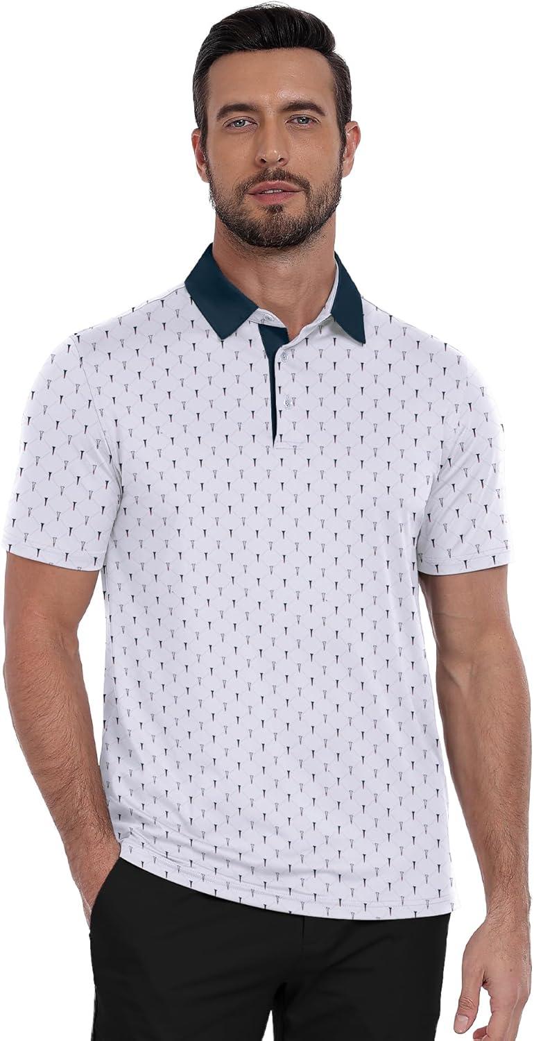 imageZITY Select Mens Golf Shirts Short Sleeve Print Performance Polo Moisture Wicking Casual Collared Golf Shirts for MenWhite Contrast Golf Spikes