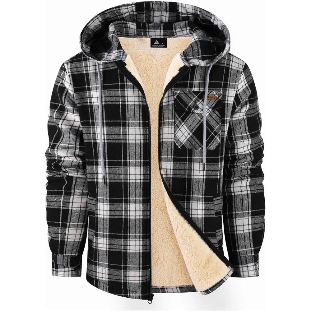 imageMens Cotton Plaid Shirts Jacket Flannel Fleece Lined Hoodies Sherpa Zip Up Hoodie with PocketBlack White