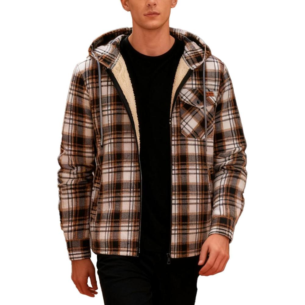 imageMens Cotton Plaid Shirts Jacket Flannel Fleece Lined Hoodies Sherpa Zip Up Hoodie with PocketBrown White