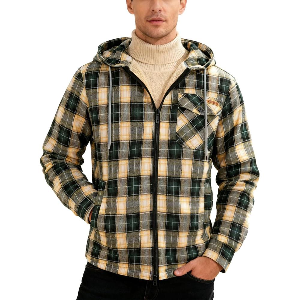 imageMens Cotton Plaid Shirts Jacket Flannel Fleece Lined Hoodies Sherpa Zip Up Hoodie with PocketGreen Yellow