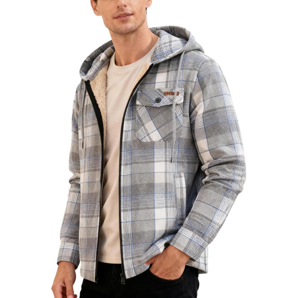 imageMens Cotton Plaid Shirts Jacket Flannel Fleece Lined Hoodies Sherpa Zip Up Hoodie with PocketGrey White