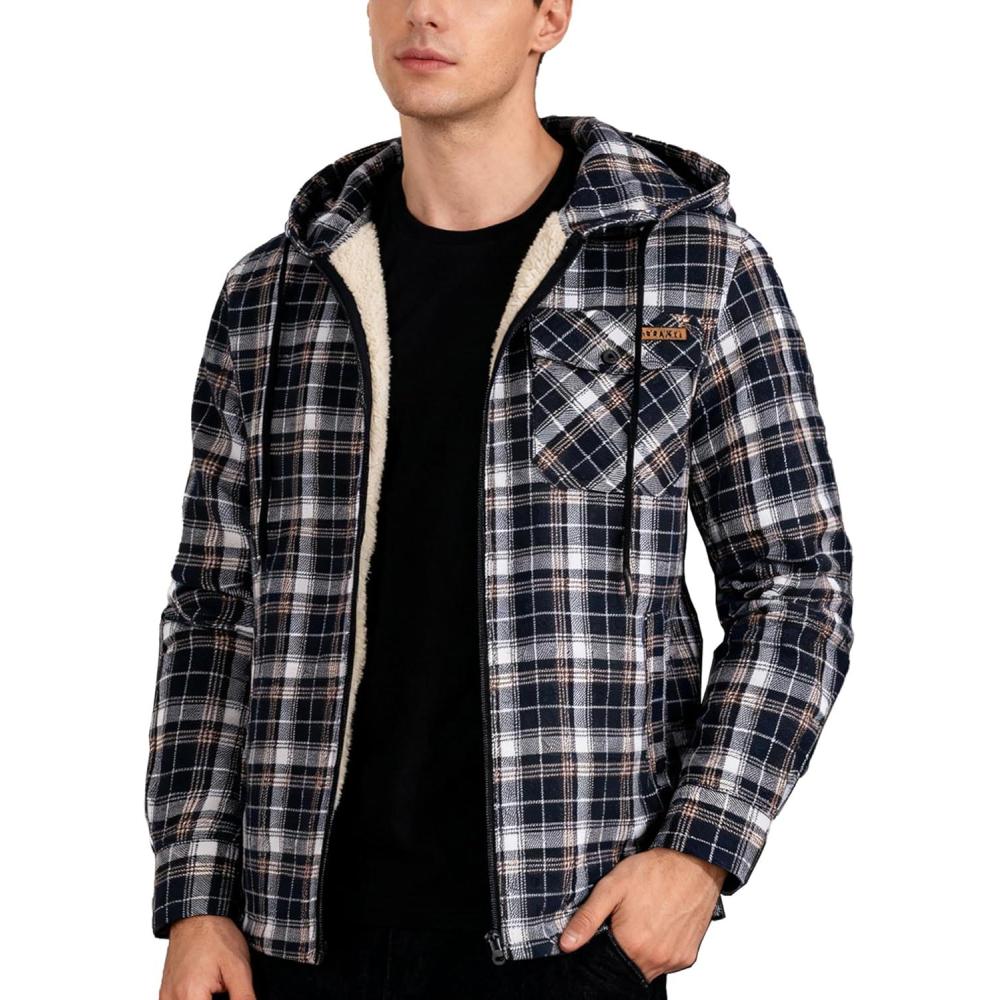 imageMens Cotton Plaid Shirts Jacket Flannel Fleece Lined Hoodies Sherpa Zip Up Hoodie with PocketNavy White