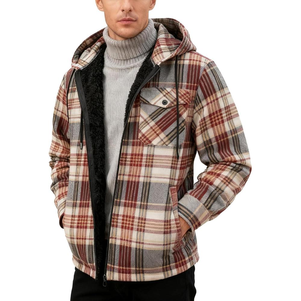 imageMens Cotton Plaid Shirts Jacket Flannel Fleece Lined Hoodies Sherpa Zip Up Hoodie with PocketWine Red Grey