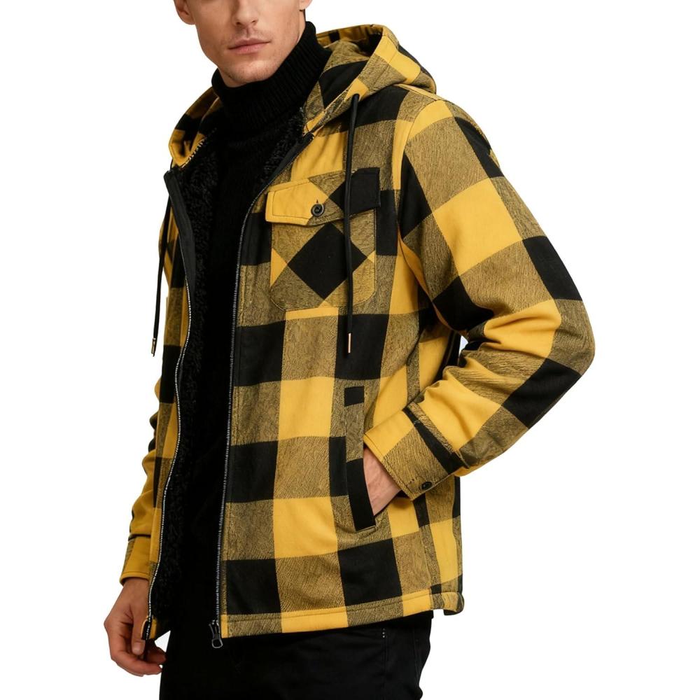 imageMens Cotton Plaid Shirts Jacket Flannel Fleece Lined Hoodies Sherpa Zip Up Hoodie with PocketYellow Black