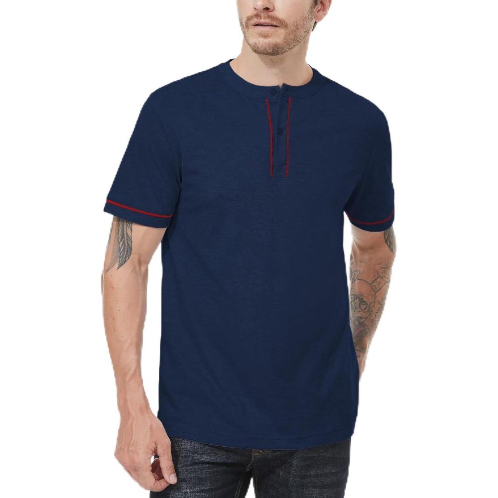 imageMens Henley Short Sleeve Shirts Button Shirt Casual Fashion Soft Lightweight Vintage Regular Fit Summer TShirt TopsNavy