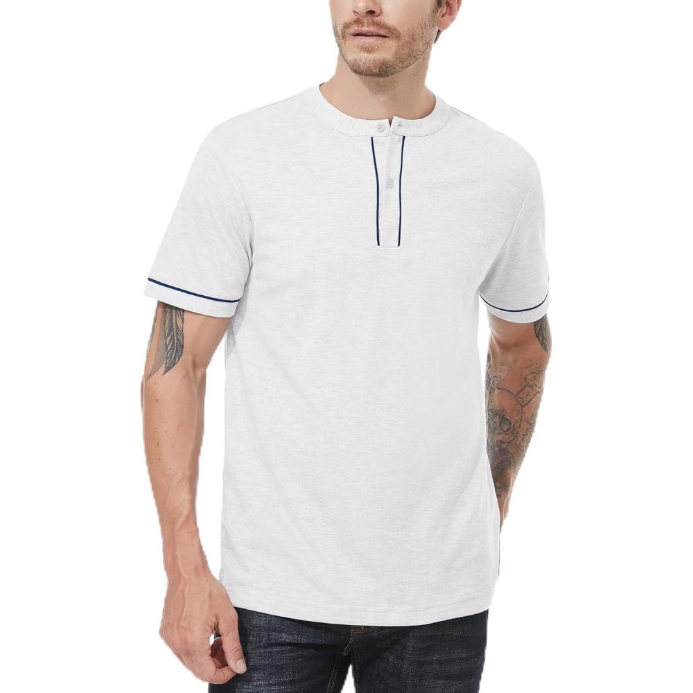 imageMens Henley Short Sleeve Shirts Button Shirt Casual Fashion Soft Lightweight Vintage Regular Fit Summer TShirt TopsWhite