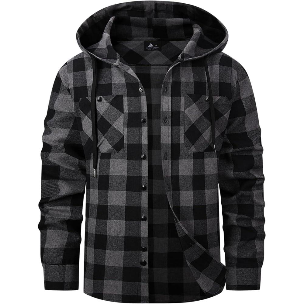 imageMens Hooded Flannel Shirts Hoodie Shirt Lightweight Long Sleeve Casual Plaid Button Down Jackets Stylish with PocketBlack Dark Grey