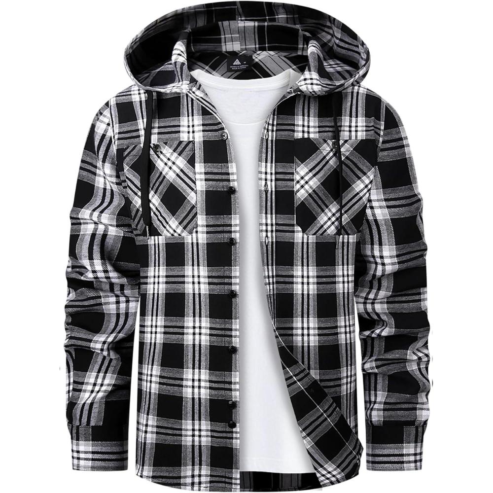 imageMens Hooded Flannel Shirts Hoodie Shirt Lightweight Long Sleeve Casual Plaid Button Down Jackets Stylish with PocketBlack Grey