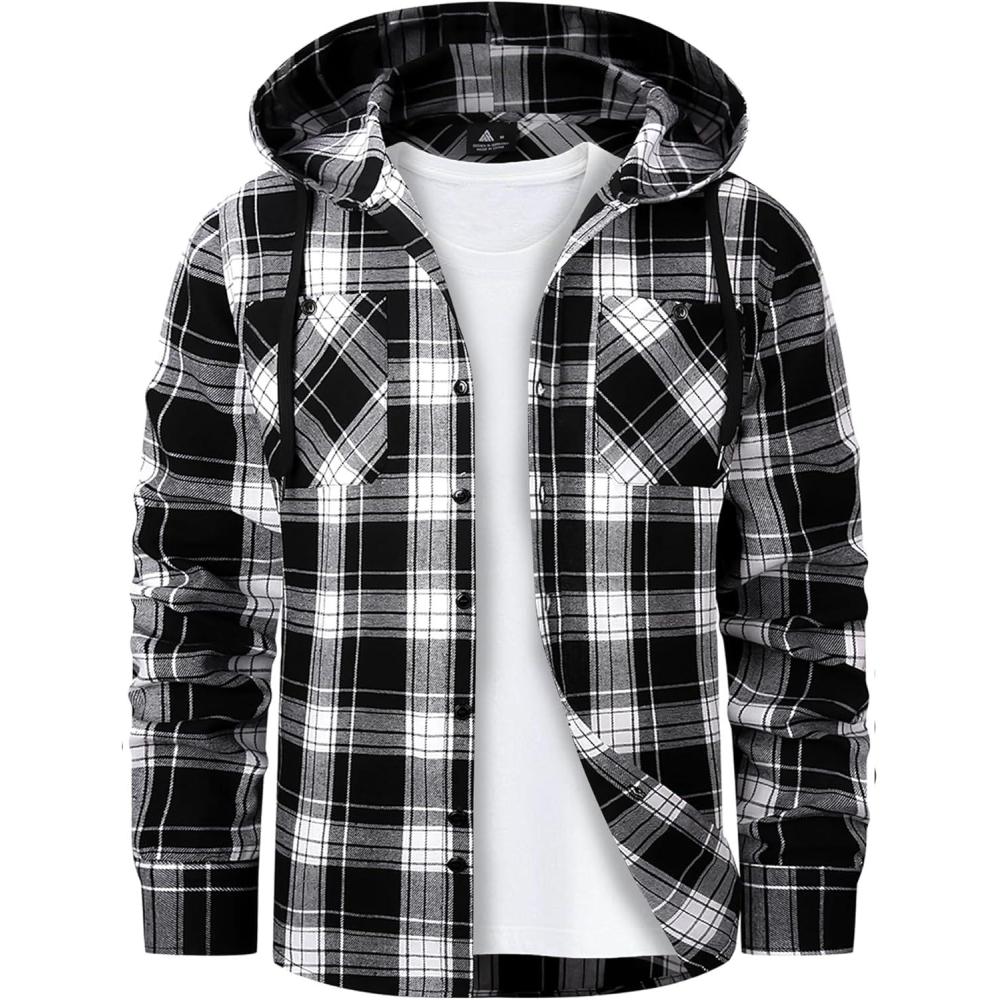 imageMens Hooded Flannel Shirts Hoodie Shirt Lightweight Long Sleeve Casual Plaid Button Down Jackets Stylish with PocketBlack White