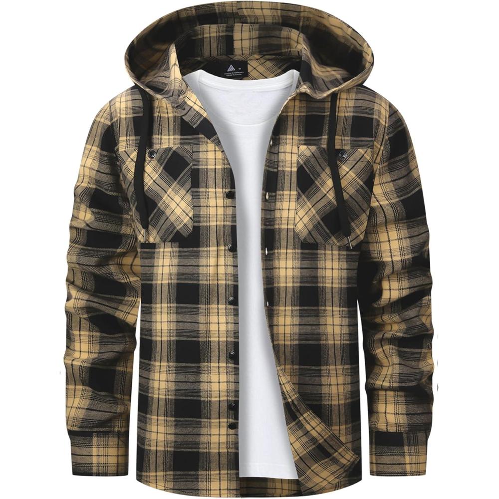imageMens Hooded Flannel Shirts Hoodie Shirt Lightweight Long Sleeve Casual Plaid Button Down Jackets Stylish with PocketBlack Yellow