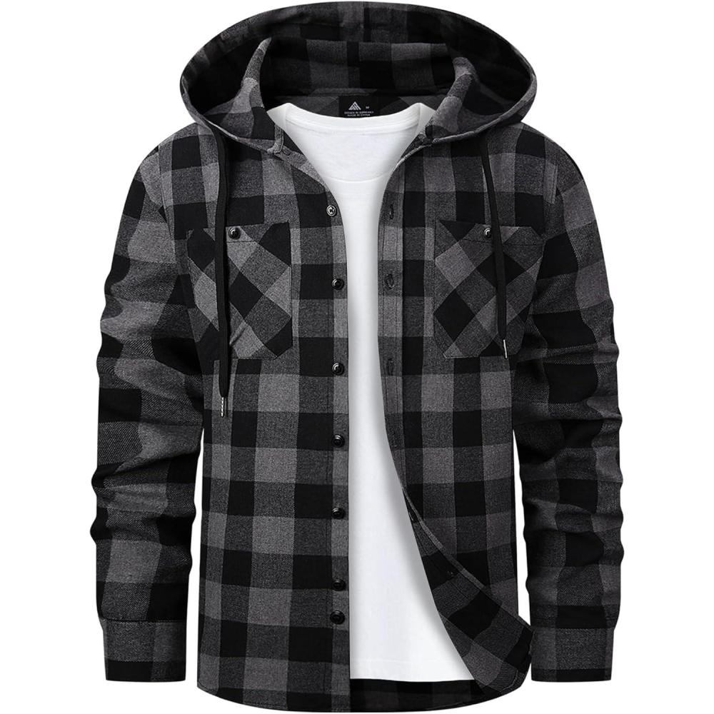 imageMens Hooded Flannel Shirts Hoodie Shirt Lightweight Long Sleeve Casual Plaid Button Down Jackets Stylish with PocketDark Grey