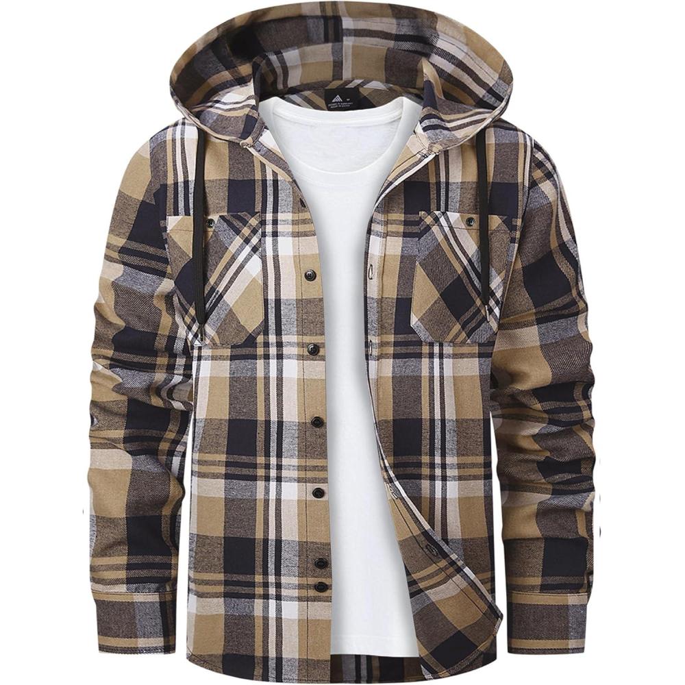 imageMens Hooded Flannel Shirts Hoodie Shirt Lightweight Long Sleeve Casual Plaid Button Down Jackets Stylish with PocketNavy Beige