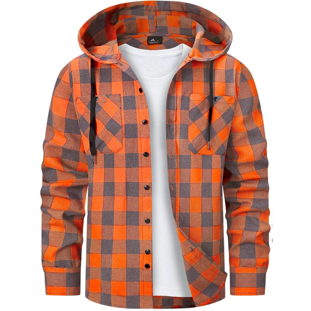 imageMens Hooded Flannel Shirts Hoodie Shirt Lightweight Long Sleeve Casual Plaid Button Down Jackets Stylish with PocketOrange
