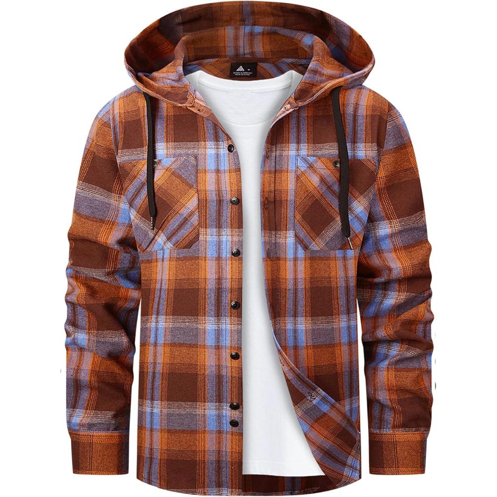 imageMens Hooded Flannel Shirts Hoodie Shirt Lightweight Long Sleeve Casual Plaid Button Down Jackets Stylish with PocketOrange Blue