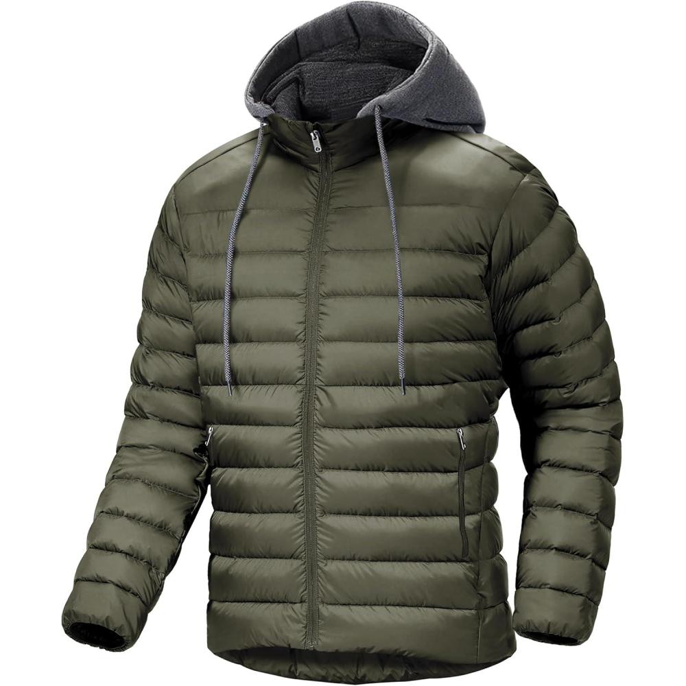 imageMens Hooded Puffer Jacket Lightweight Quilted Hoodie Winter Warm Water Resistant Zip Up Insulated Puffy CoatsArmy Green