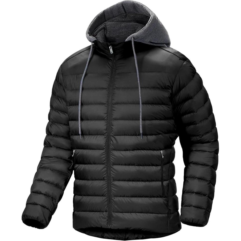 imageMens Hooded Puffer Jacket Lightweight Quilted Hoodie Winter Warm Water Resistant Zip Up Insulated Puffy CoatsBlack