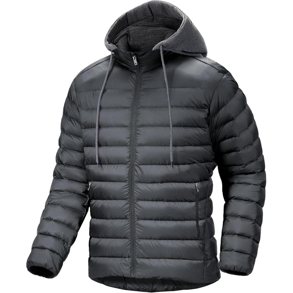 imageMens Hooded Puffer Jacket Lightweight Quilted Hoodie Winter Warm Water Resistant Zip Up Insulated Puffy CoatsDark Grey