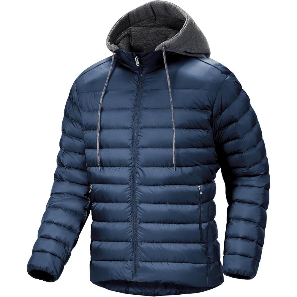 imageMens Hooded Puffer Jacket Lightweight Quilted Hoodie Winter Warm Water Resistant Zip Up Insulated Puffy CoatsNavy Blue
