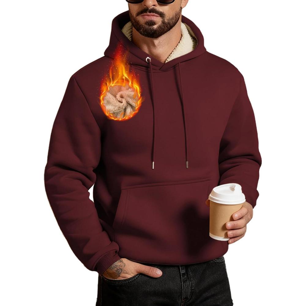 imageMens Sherpa Fleece Lined Hoodie Thick Pullover Hooded Winter Warm Casual Athletic Sweatshirt with Kangaroo PocketWine Red