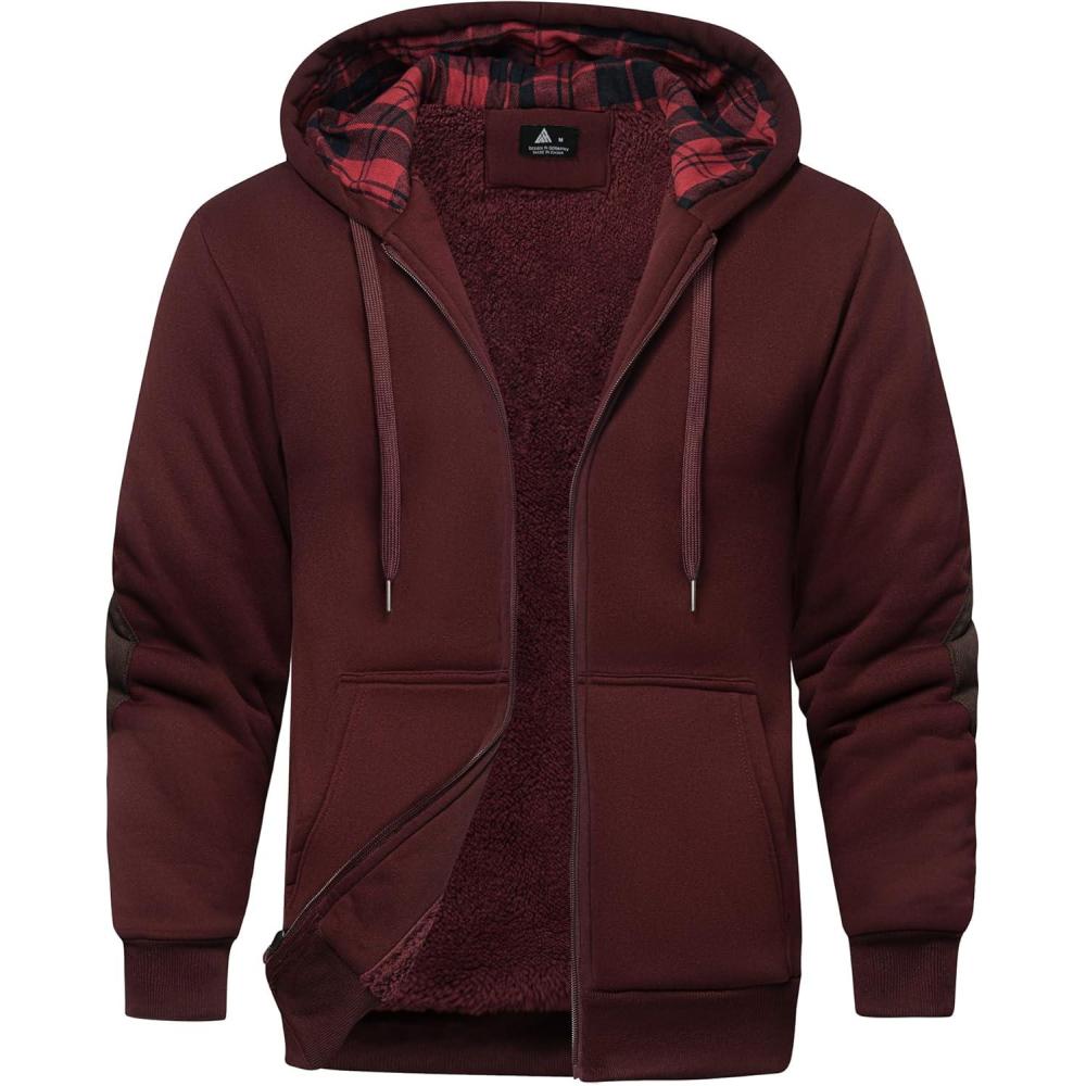 imageMens Sherpa Jacket Fleece Lined Zip Up Plaid Hood Heavyweight Sweatshirt Winter Warm Thick Coat with Elbow PatchesWine Red
