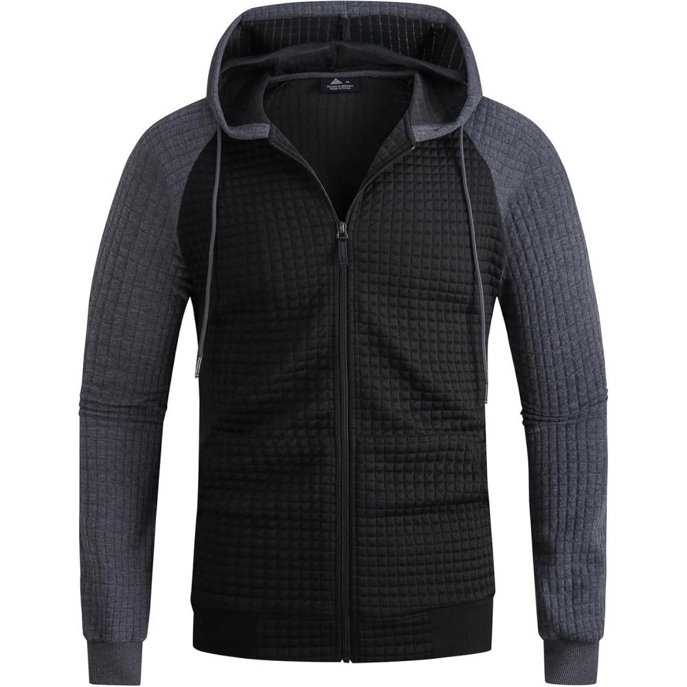 imageMens Waffle Knit Hoodie Full Zip Up Hood Lightweight Long Sleeve Drawstring Casual Warm Sweatshirt Jacket with PocketsDark Blackdark Gray