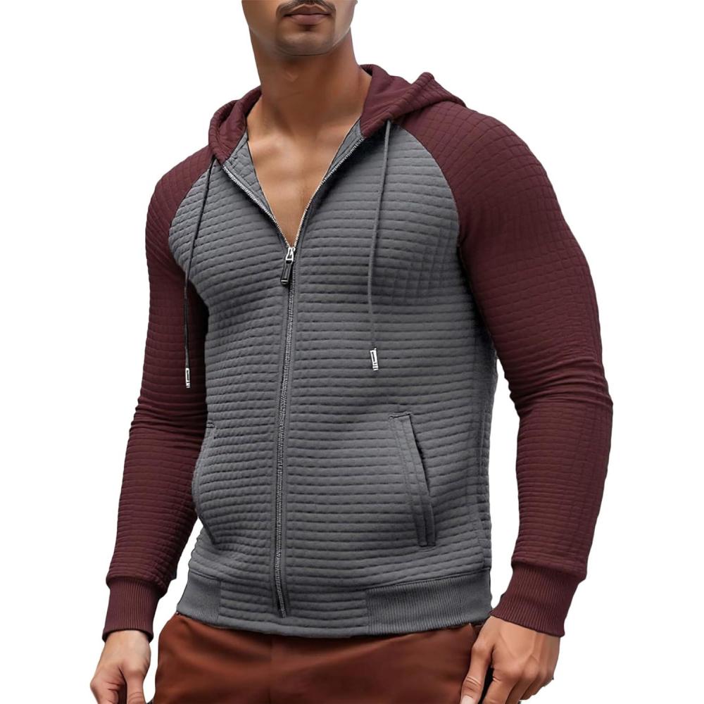 imageMens Waffle Knit Hoodie Full Zip Up Hood Lightweight Long Sleeve Drawstring Casual Warm Sweatshirt Jacket with PocketsDark Greyburgundy