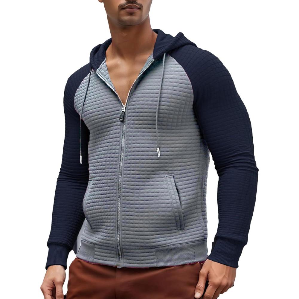 imageMens Waffle Knit Hoodie Full Zip Up Hood Lightweight Long Sleeve Drawstring Casual Warm Sweatshirt Jacket with PocketsLight Greyblue