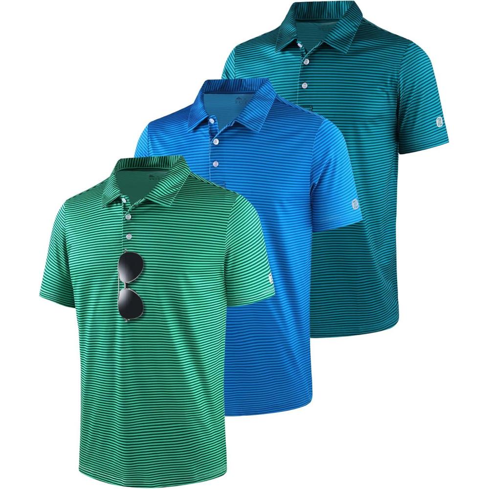imageZITY 3 Pack Golf Shirts for Men Short Sleeve UPF 50 Performance Moisture Wicking Casual Striped Collared Polo ShirtsGreenBlueDark Blue Green