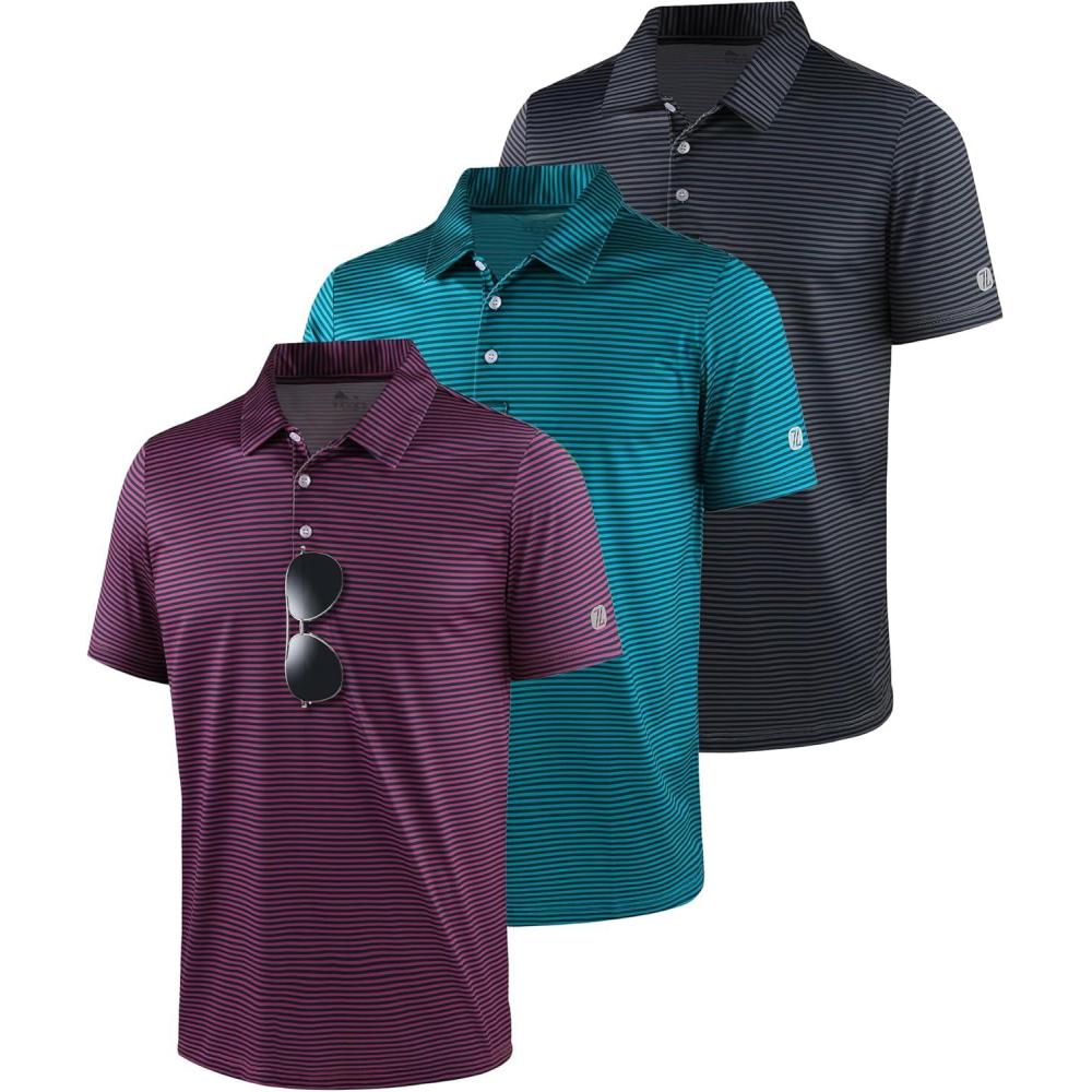 imageZITY 3 Pack Golf Shirts for Men Short Sleeve UPF 50 Performance Moisture Wicking Casual Striped Collared Polo ShirtsRose RedDark Blue GreenBlack