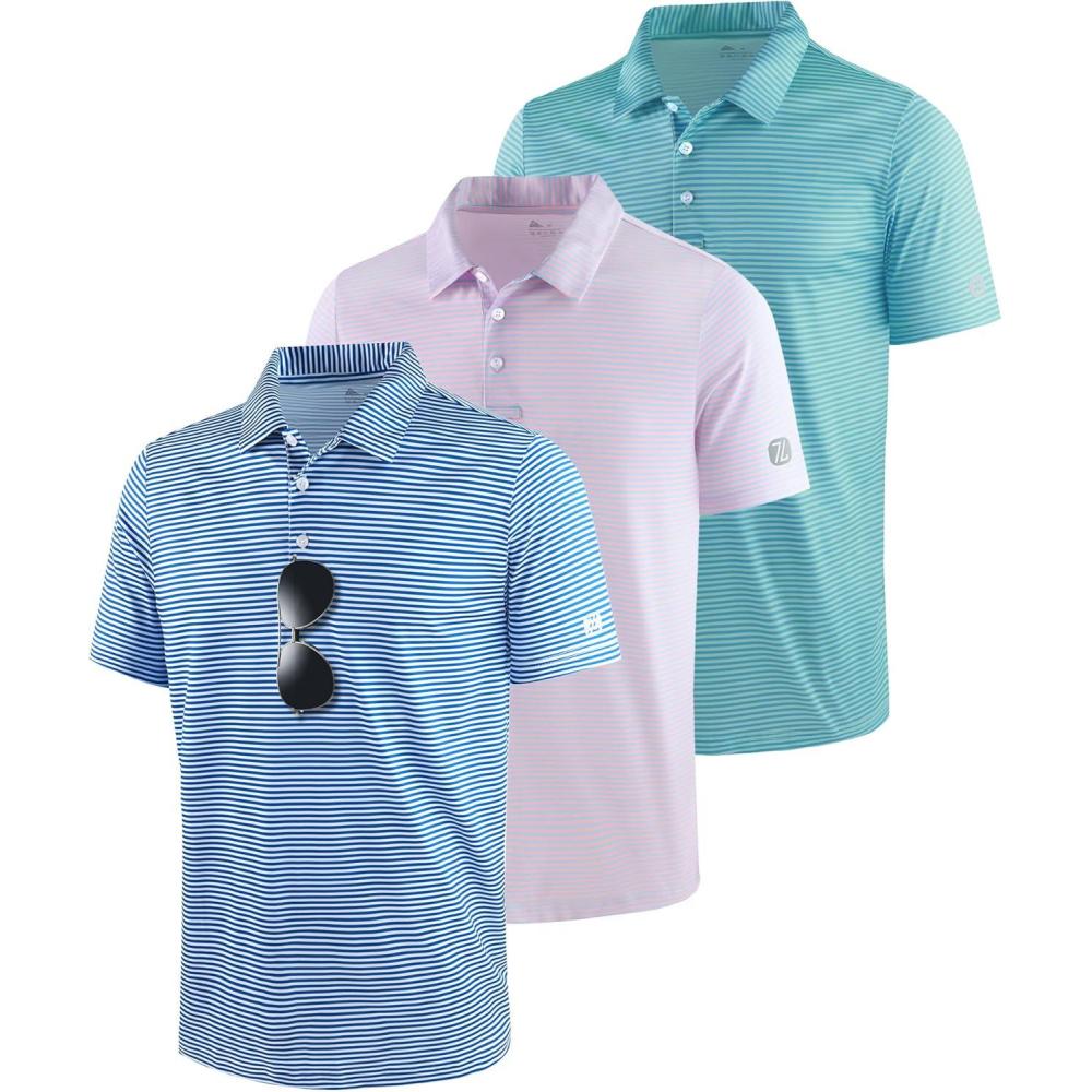 imageZITY 3 Pack Golf Shirts for Men Short Sleeve UPF 50 Performance Moisture Wicking Casual Striped Collared Polo ShirtsWhite BluePurpleBlue Green