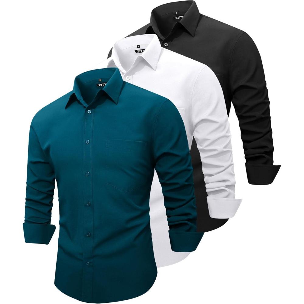 imageZITY 3 Pack Mens Dress Shirts Solid Long Sleeve Business Casual Button Down ShirtsCyan Black White