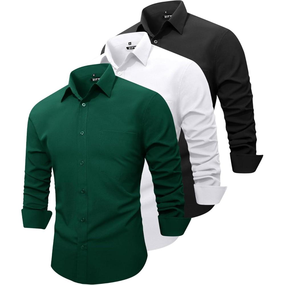 imageZITY 3 Pack Mens Dress Shirts Solid Long Sleeve Business Casual Button Down ShirtsDark Green Black White