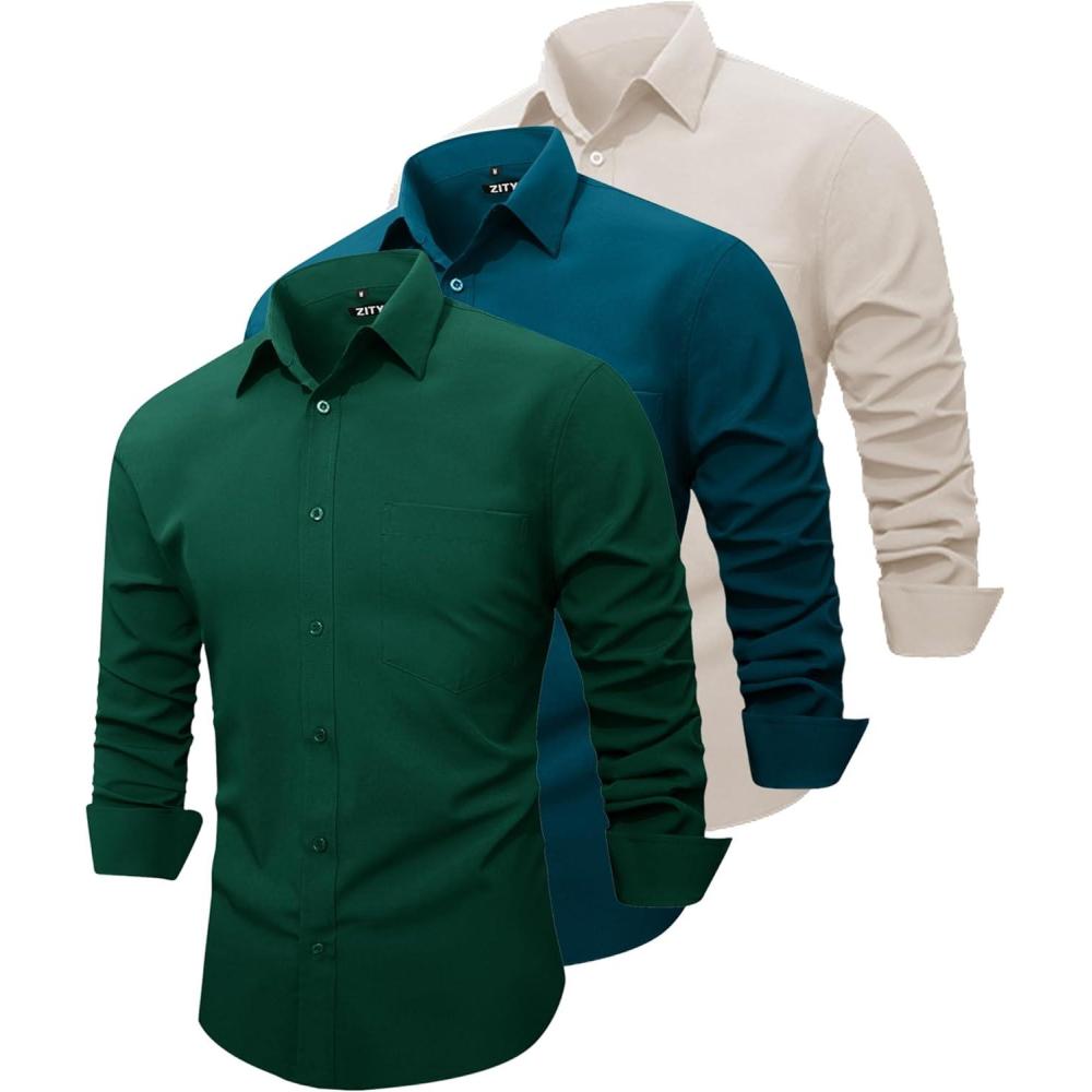 imageZITY 3 Pack Mens Dress Shirts Solid Long Sleeve Business Casual Button Down ShirtsLight Khakicyandark Green