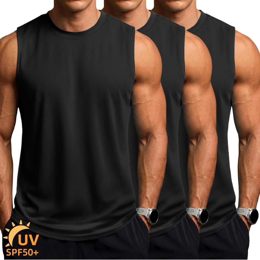 imageZITY 3 Pack Mens Sleeveless Shirts Quick Dry Tank Tops UPF 50 Workout Gym Muscle Shirt for Running Bodybuilding Summer3 Black